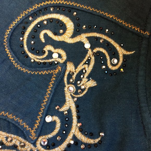 Miss Me Womens Sleeveless Embroidered Blouse Medium Blue Rhinestones Pearl Snap - Picture 9 of 10